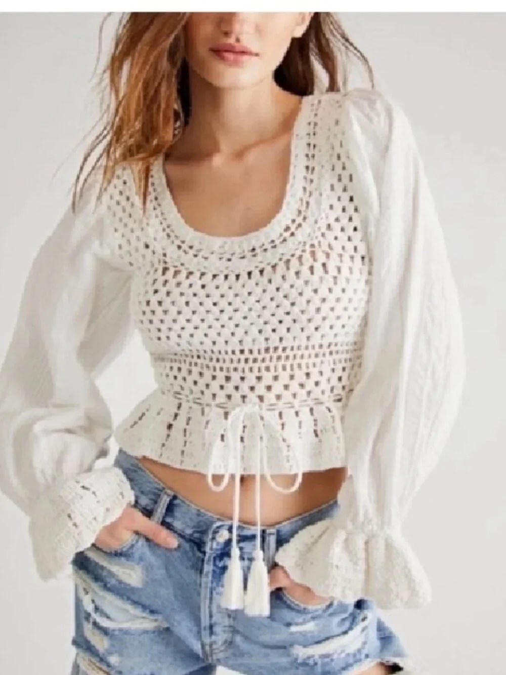 Free People Women's Ivory Long-Sleeve Megan Crochet Cutout Back Top Size L